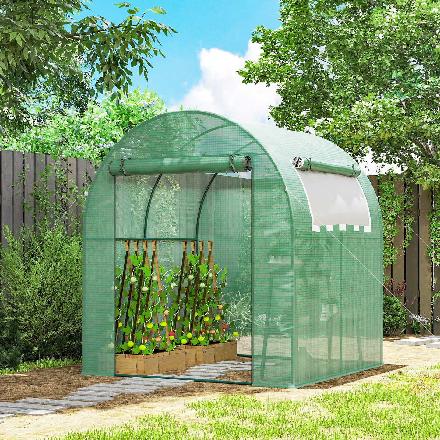 Walk in Polytunnel Greenhouse, Green House for Garden with Roll-up Window and Door, 1.8 x 1.8 x 2 m, Green