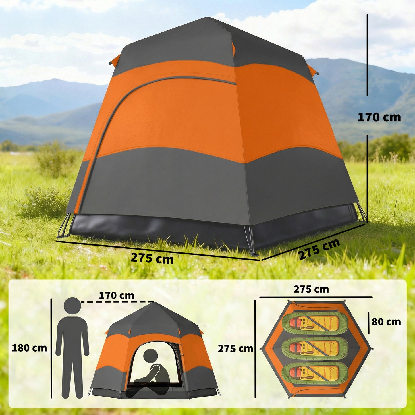 Double Layer Instant Pop Up Tent with Rainfly, Portable Camping Shelter with Sewn-in Groundsheet and Carry Bag, Orange