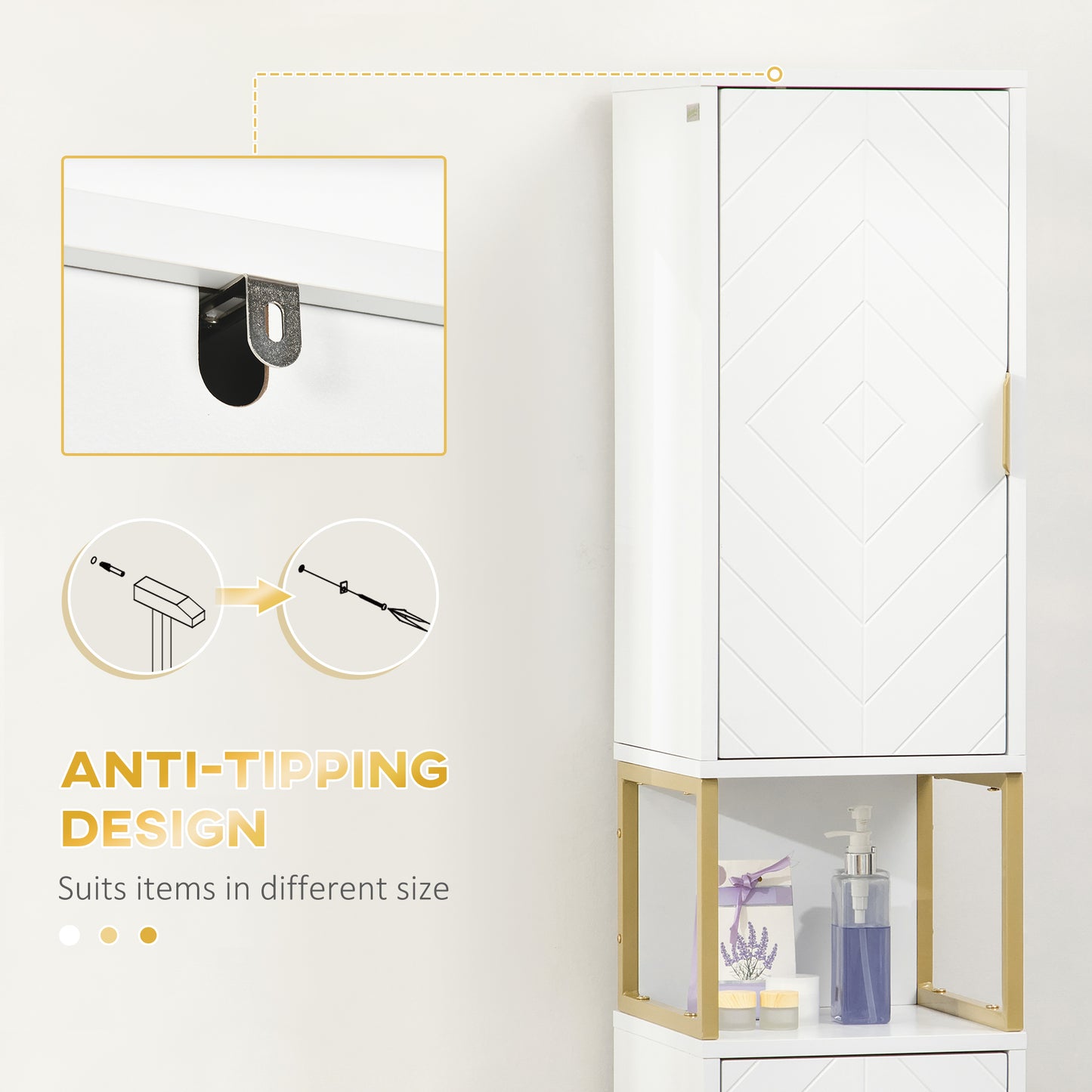 Narrow Bathroom Storage Cabinet, Freestanding Tallboy Storage Unit with Adjustable Shelf, 2 Doors and Steel Base