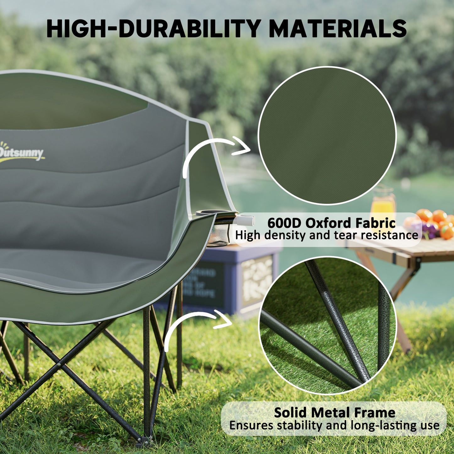 Double Camping Chair for Adults with Armrests, Heavy Duty Oversized Padded Folding Chair with Carry Bag