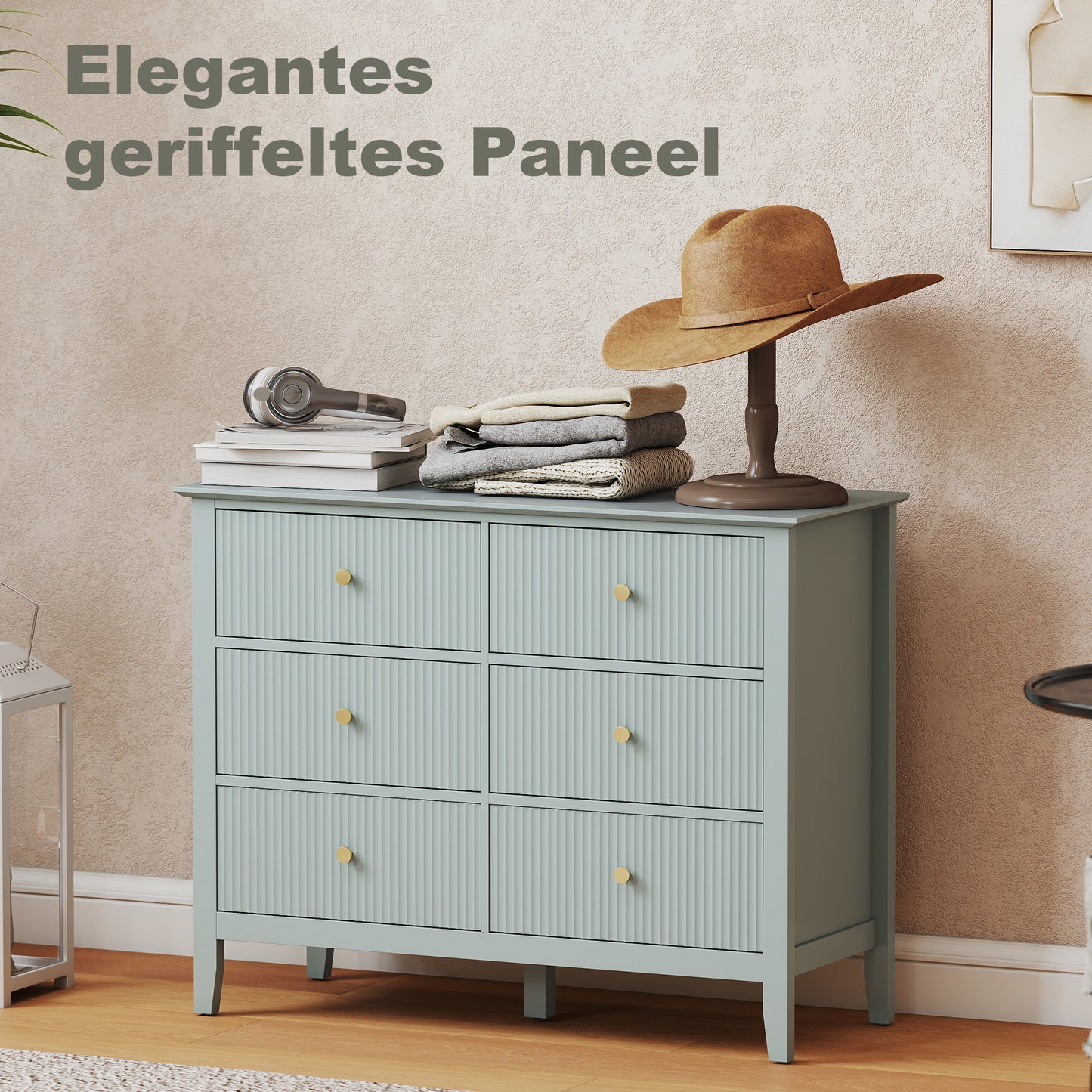Fluted Dresser, 6 Drawer Chest of Drawers for Bedroom, Living Room, Hallway, Closet, Green