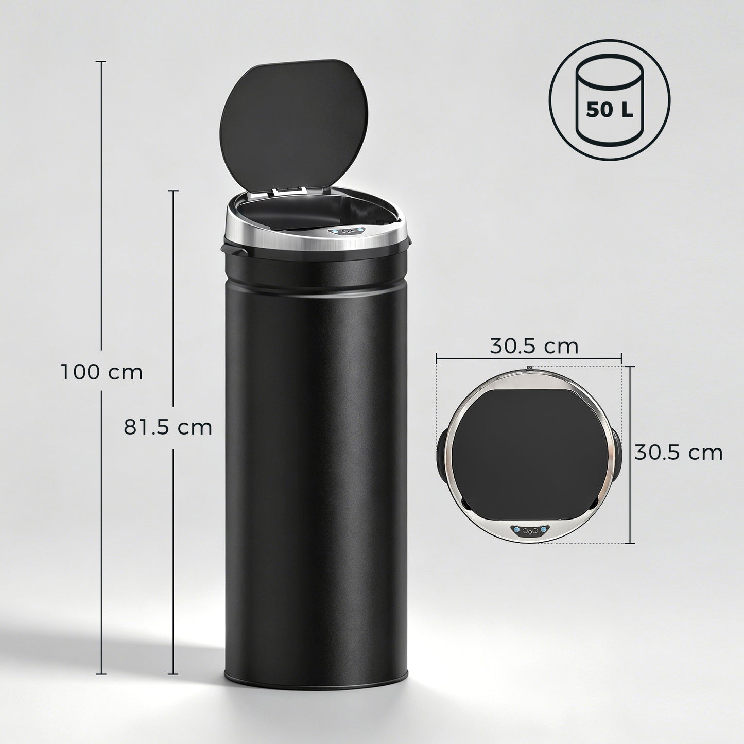 50L Automatic Motion Sensor Rubbish Bin with Fingerprint Resistant, Stainless Steel, Black