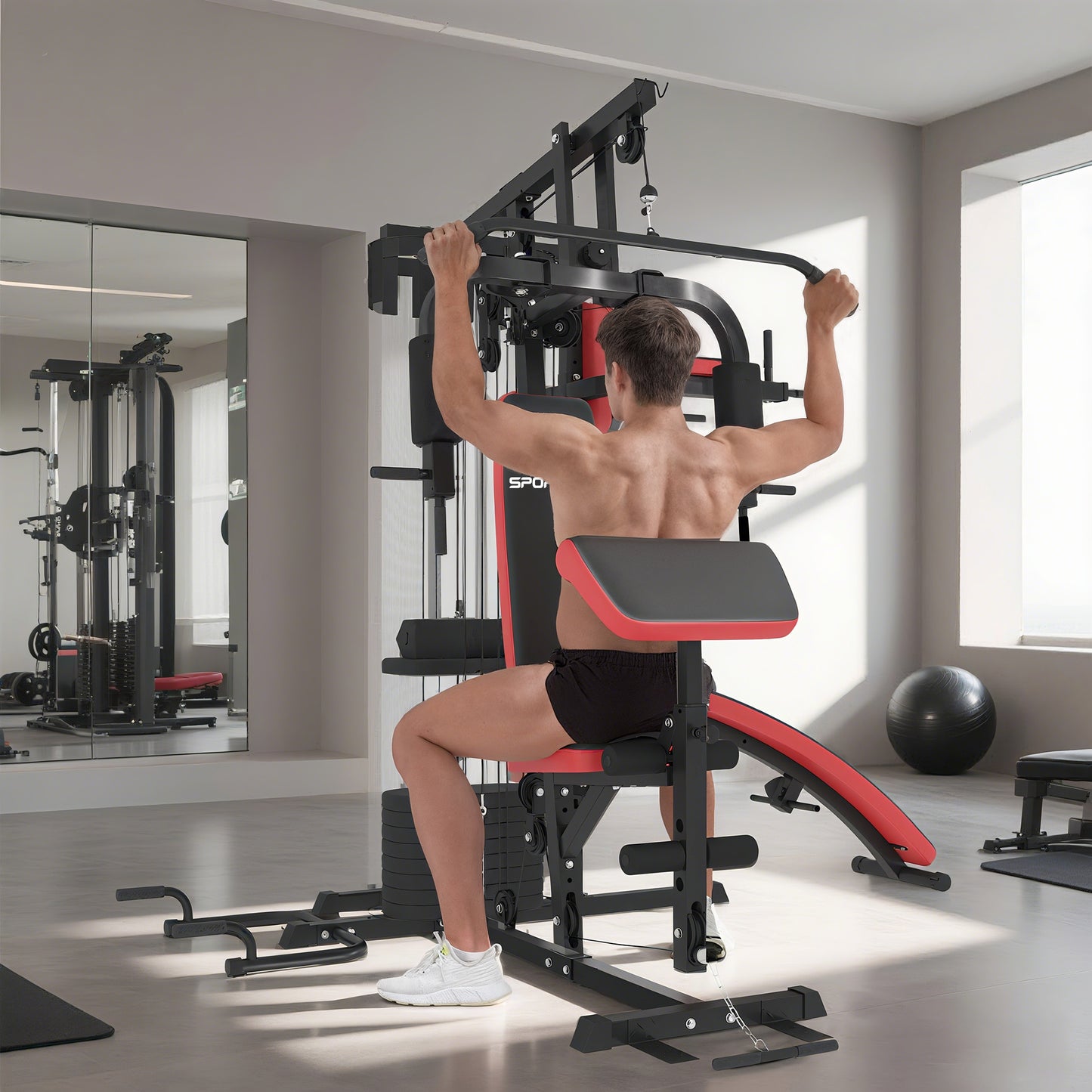Multi Gym Workout Station, Weight Machine with 65kg Weight Stack, Sit Up Bench, Push Up Stand, Dip Station