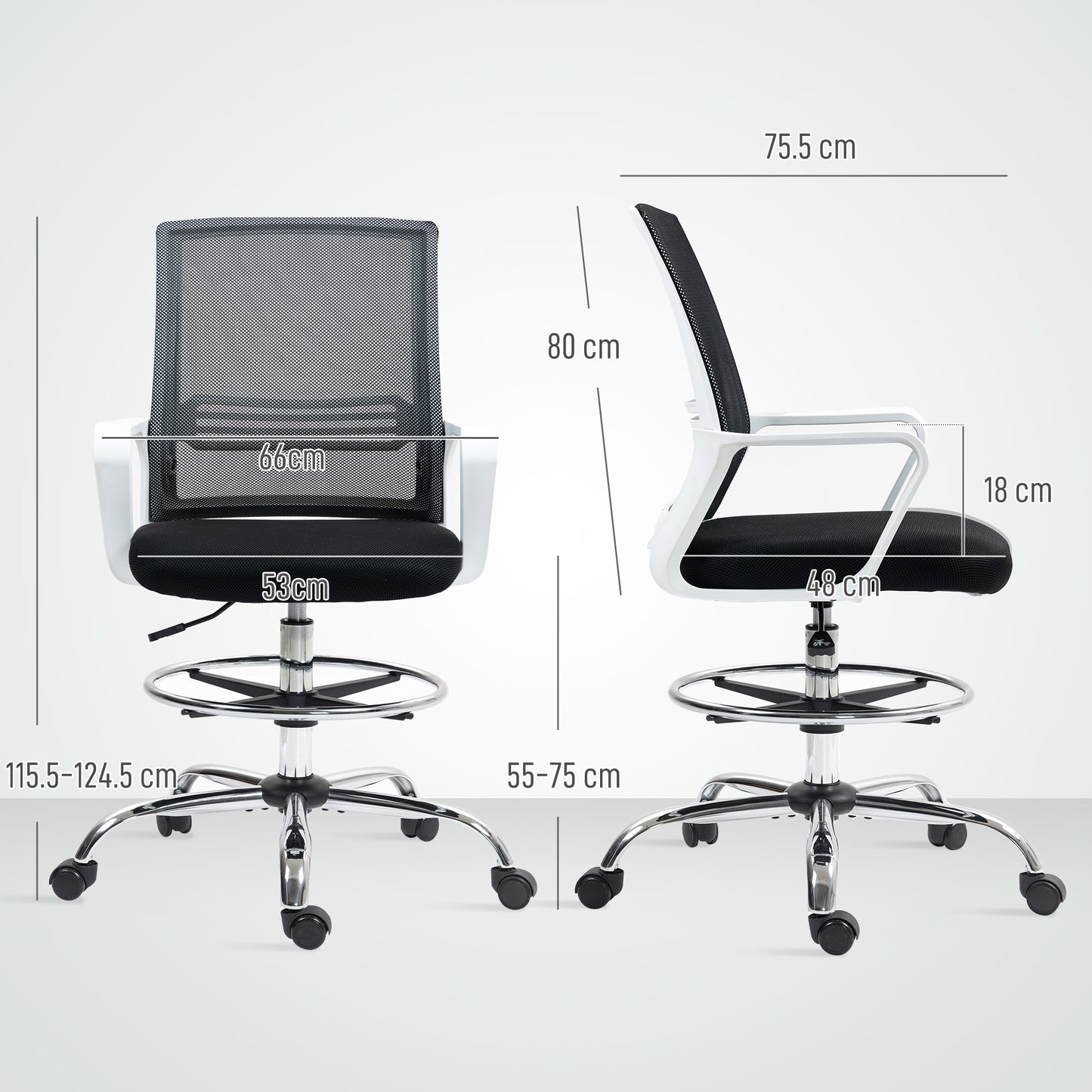Draughtsman Chair, Mesh Drafting Chair, Ergonomic Office Chair with Lumbar Support, Adjustable Foot Ring, Black
