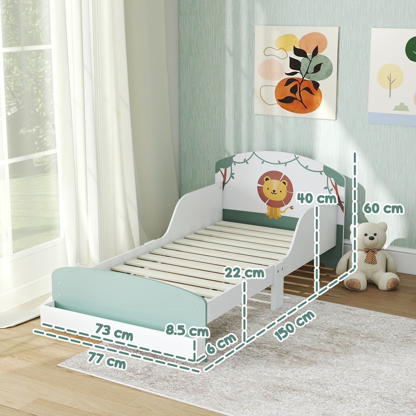 Toddler Bed with Storage, Guardrails, Lion Design, for Ages 3-8 Years, Fits 140 x 70cm Mattress, Green