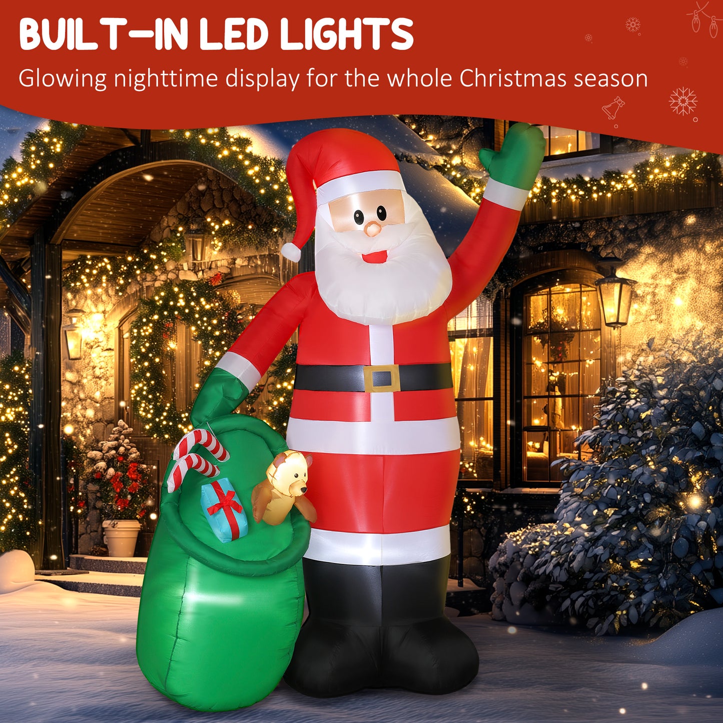 9ft/275 cm Christmas Inflatable Santa with Bear Sack, Giant Christmas Blow Up Decoration with Built-in LED Lights for Garden