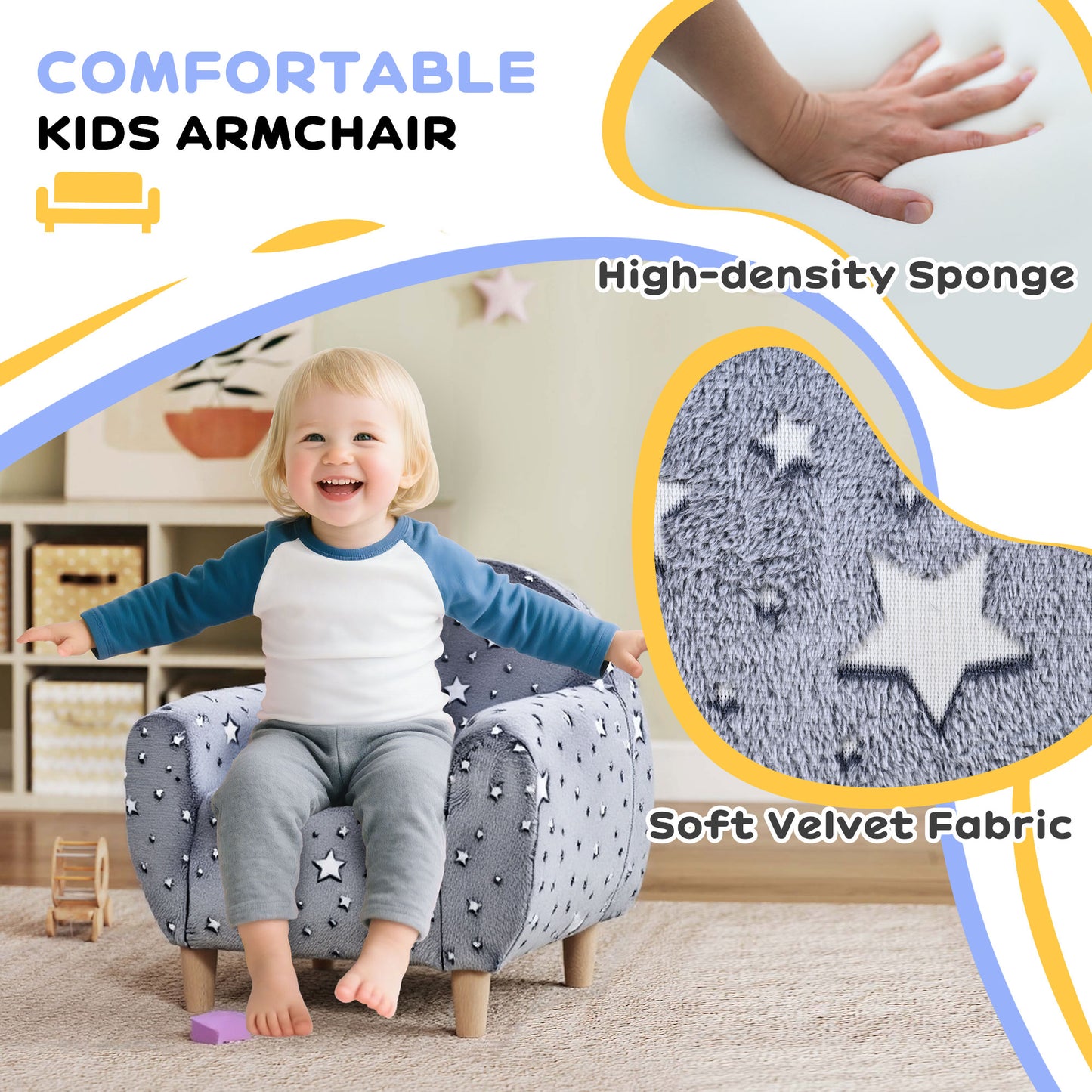 Kids Armchair, Glow in the Dark Chair with Star Design for Bedroom, Playroom, Kids Room, Grey