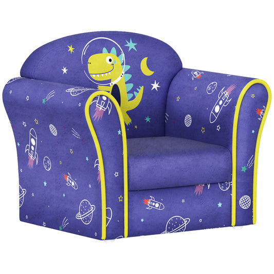 Kids Armchair with Planet Dinosaurs Design, Wooden Frame, for Bedroom, Playroom, Kids Room - Blue