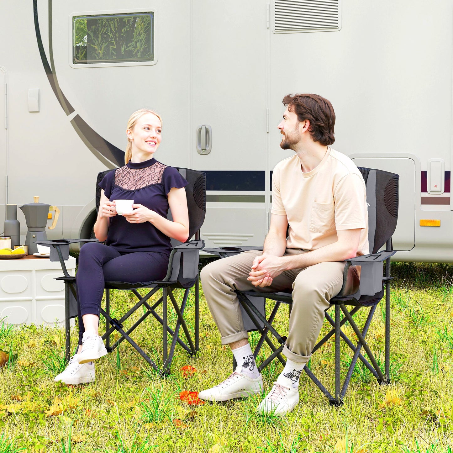 Set of 2 Folding Camping Chairs, Padded Camping Chairs with Adjustable Armrests