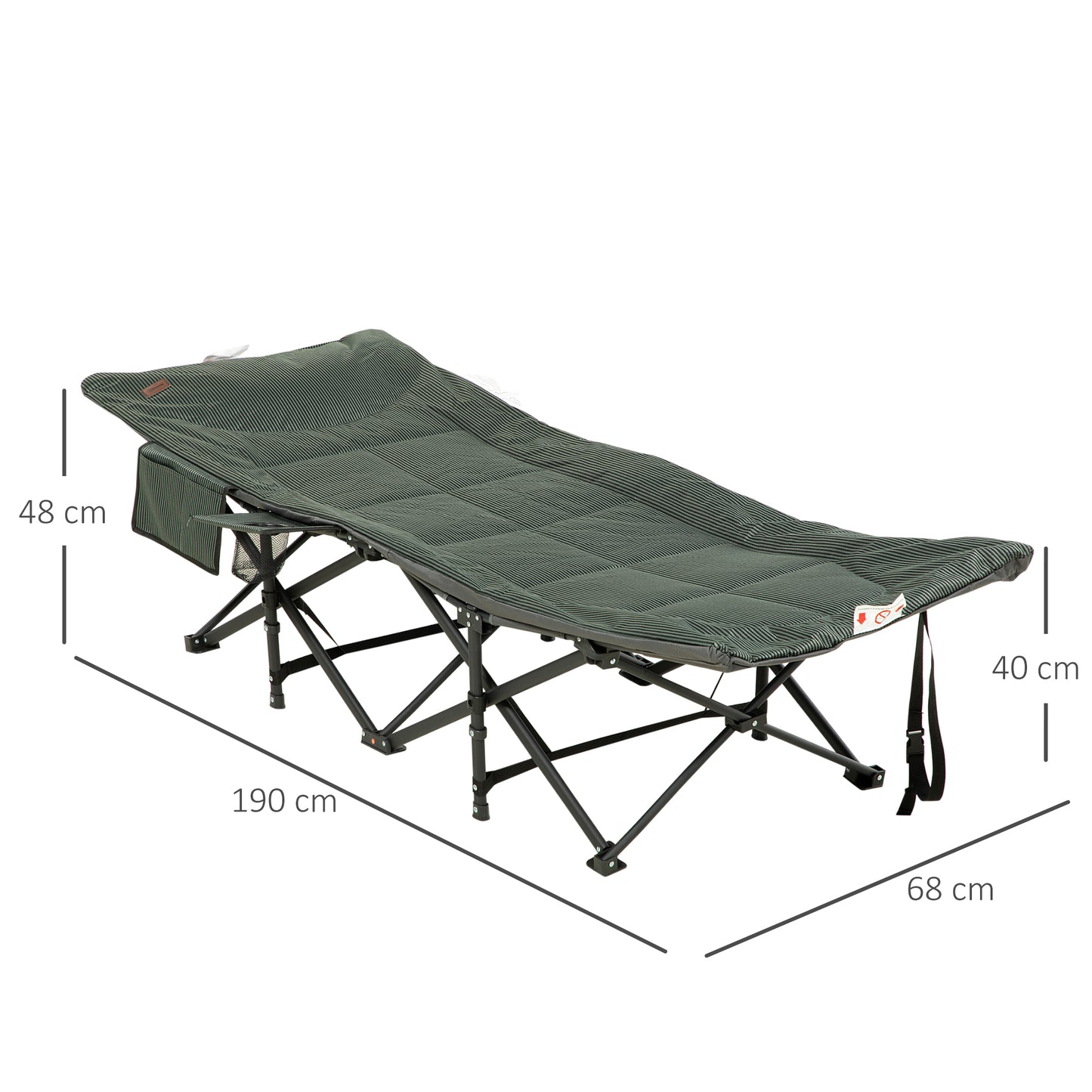 Foldable Camp Bed, Padded Patio Camping Bed with Carry Bag, Magazine Bag and Cup Holder for Outdoor, Garden, Grey