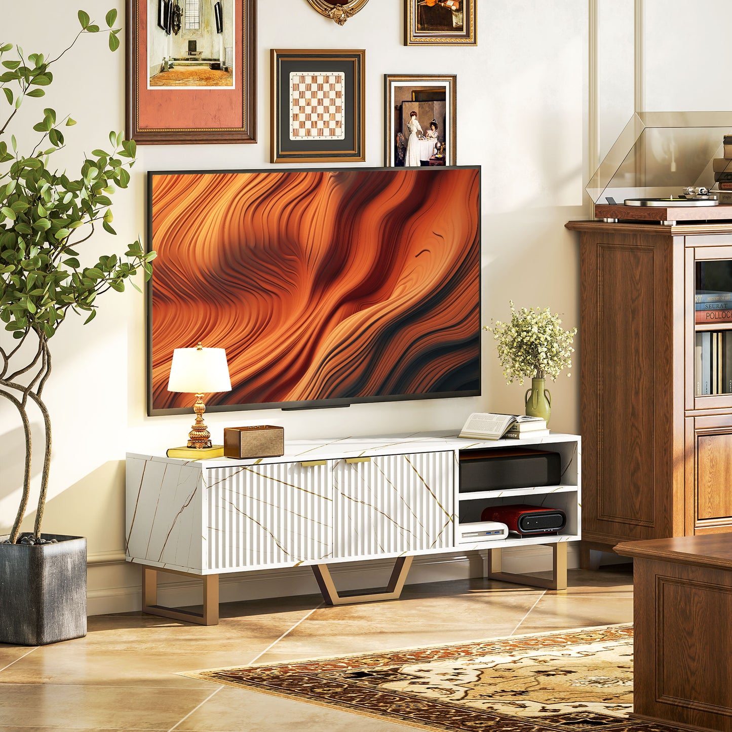 Marble Effect TV Unit, Modern TV Stand Cabinet for up to 70" TVs, with Shelves and Storage Cupboard, Fluted Door