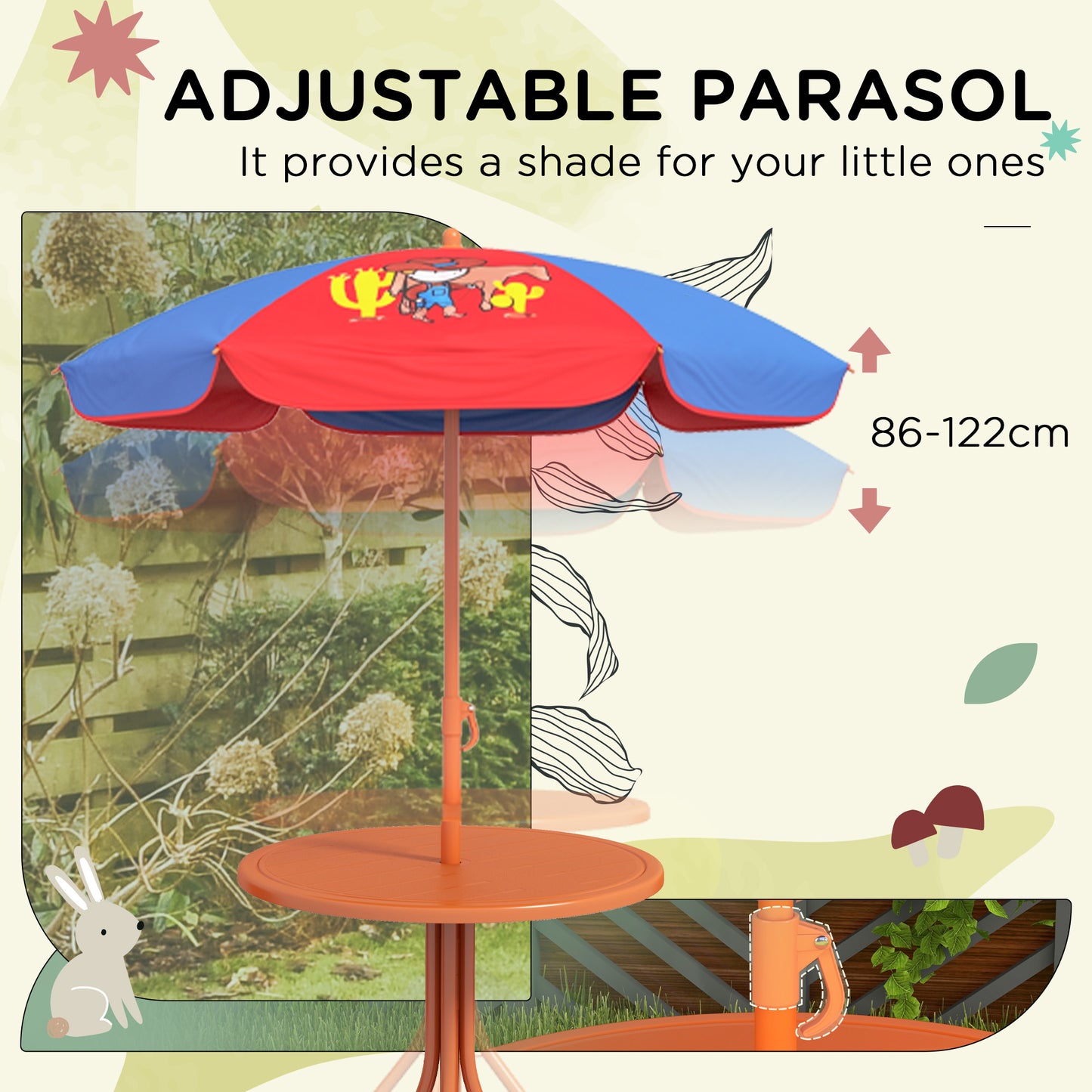 Kids Picnic Table and Chair Set, Cowboy Themed Outdoor Garden Furniture w/ Foldable Chairs, Adjustable Parasol