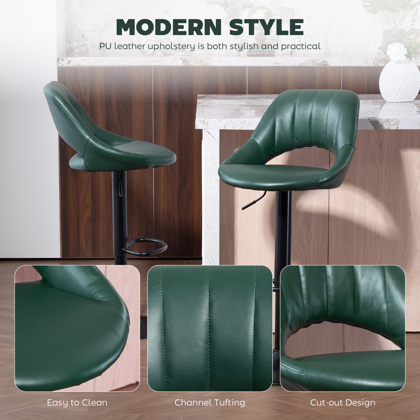 Set of Two Faux Leather Bar Stools - Dark Green