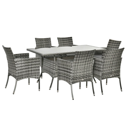 7-Piece Rattan Garden Furniture Set with Cushions, 6 Seater Garden Table and Chairs, Rattan Dining Set with 6 Armchairs