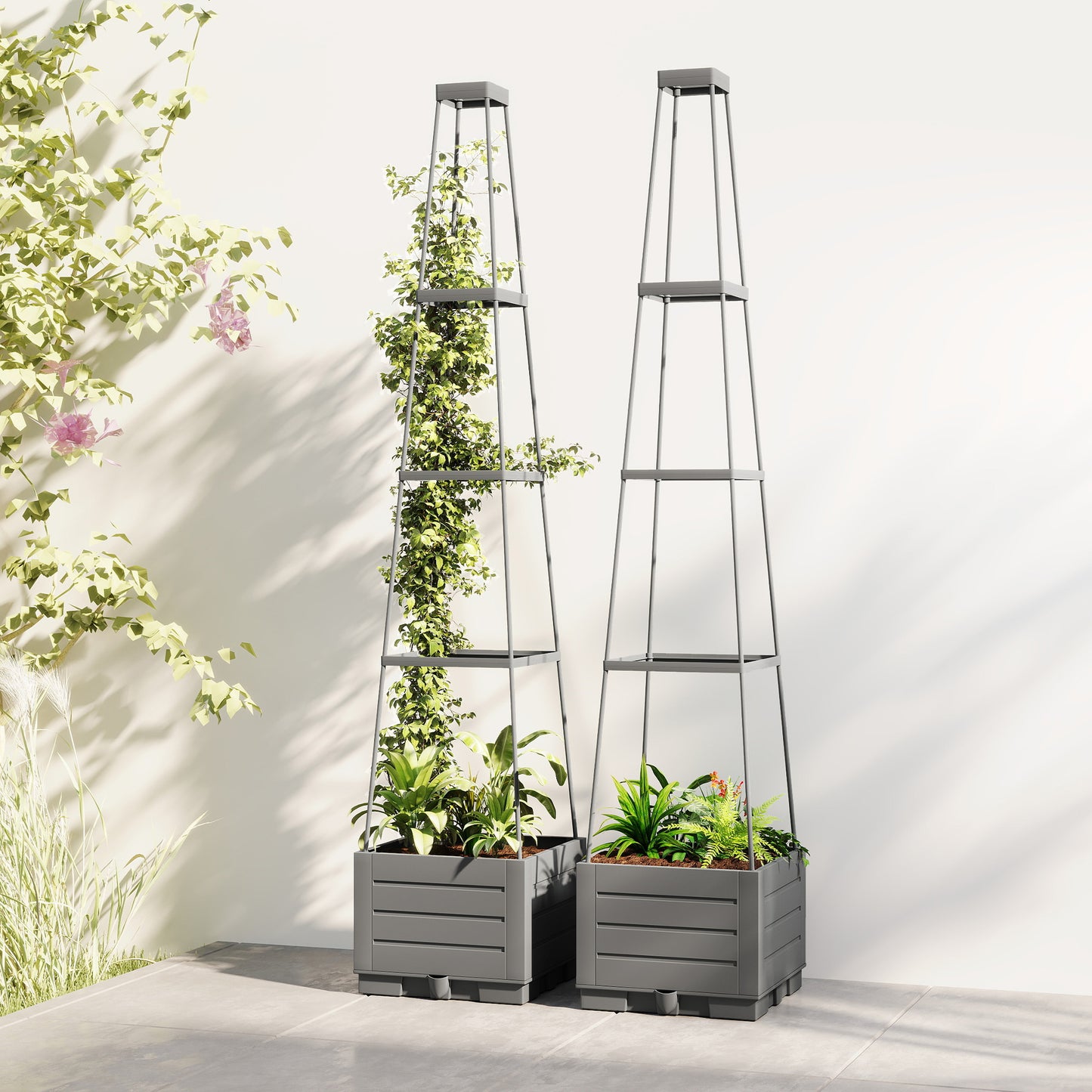 2 Pack Raised Garden Bed with Trellis, Plastic Outdoor Planter Box with Removable Drainage Tray
