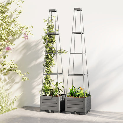 2 Pack Raised Garden Bed with Trellis, Plastic Outdoor Planter Box with Removable Drainage Tray