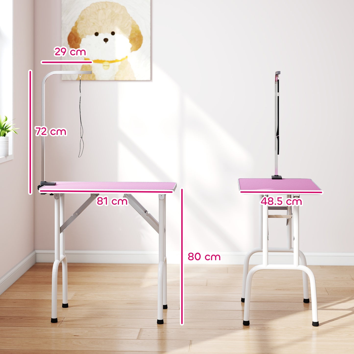 32" Foldable Dog Grooming Table Pet Drying Beauty Table Adjustable Fixed Arm Rubber Top, Pink