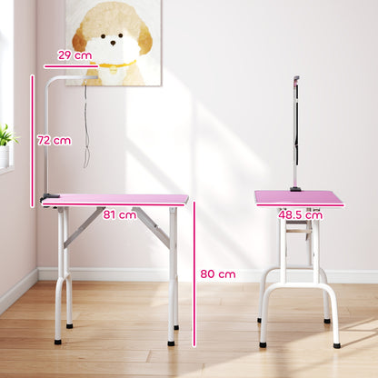 32" Foldable Dog Grooming Table Pet Drying Beauty Table Adjustable Fixed Arm Rubber Top, Pink