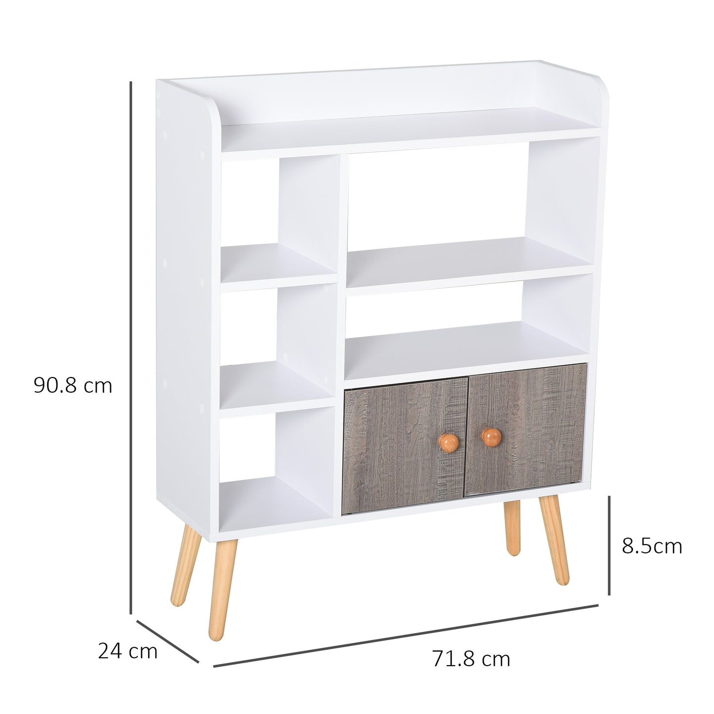Bookcase, Freestanding Book Shelf with Storage Cabinet, 6 Shelves and Wood Legs for Home Office Display, White and Grey