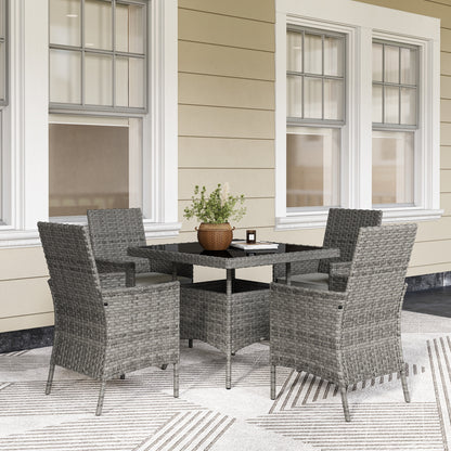 Rattan Garden Furniture Set, Outdoor Dining Table and Chairs 4 Seater with Cushions, Square Tempered Glass Top, 4 Armchairs