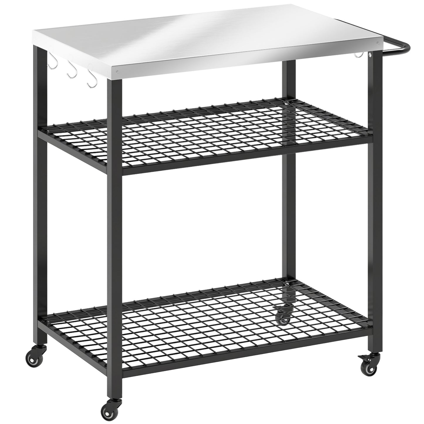 Outdoor Grill Cart with Stainless Steel Tabletop, 3-Tier Pizza Oven Stand with 2 Shelves, 6 Hooks, Wheels, Black