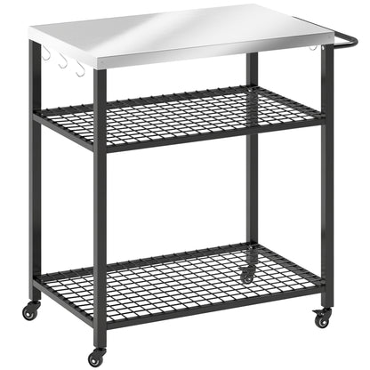 Outdoor Grill Cart with Stainless Steel Tabletop, 3-Tier Pizza Oven Stand with 2 Shelves, 6 Hooks, Wheels, Black