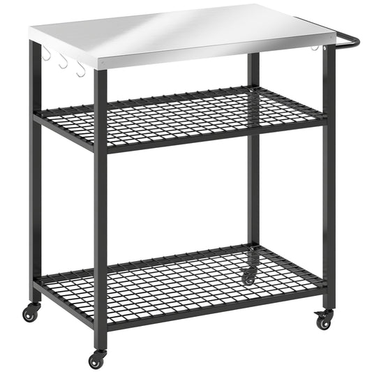 Outdoor Grill Cart with Stainless Steel Tabletop, 3-Tier Pizza Oven Stand with 2 Shelves, 6 Hooks, Wheels, Black