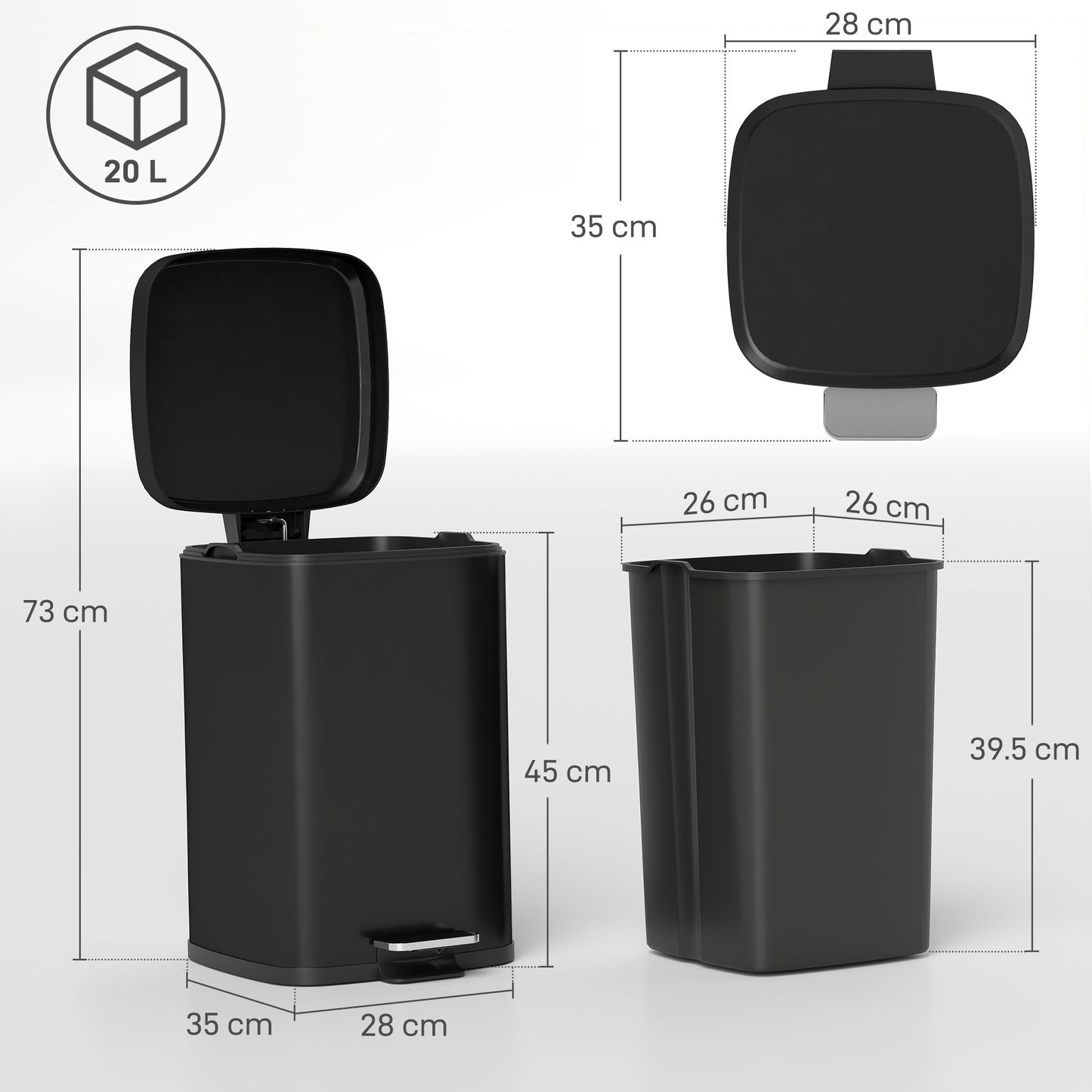 20L Modern Boxy Metal Home Kitchen Bin - Black