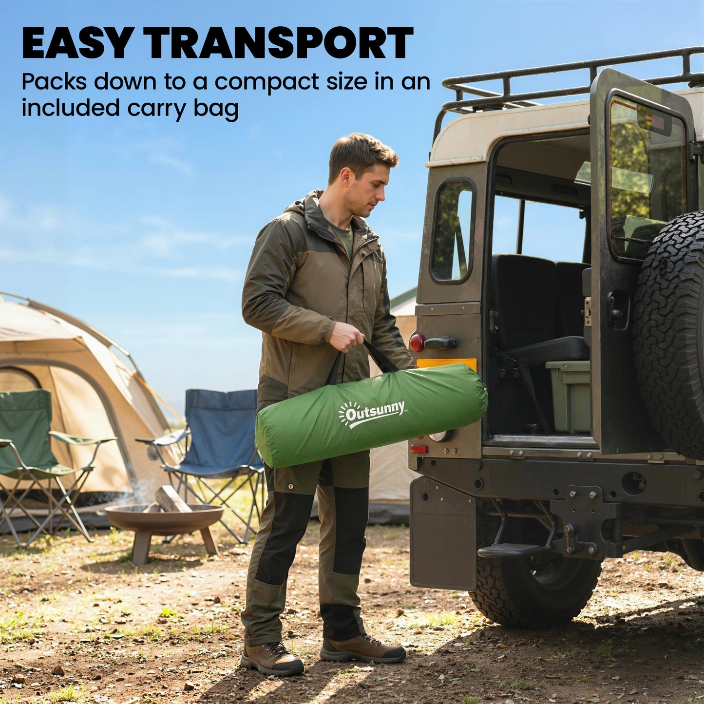 Camping Windbreaker with Clear Windows, Carry Bag and Steel Poles, for Beach Caravan Campervan, 725 x 140cm, Army Green