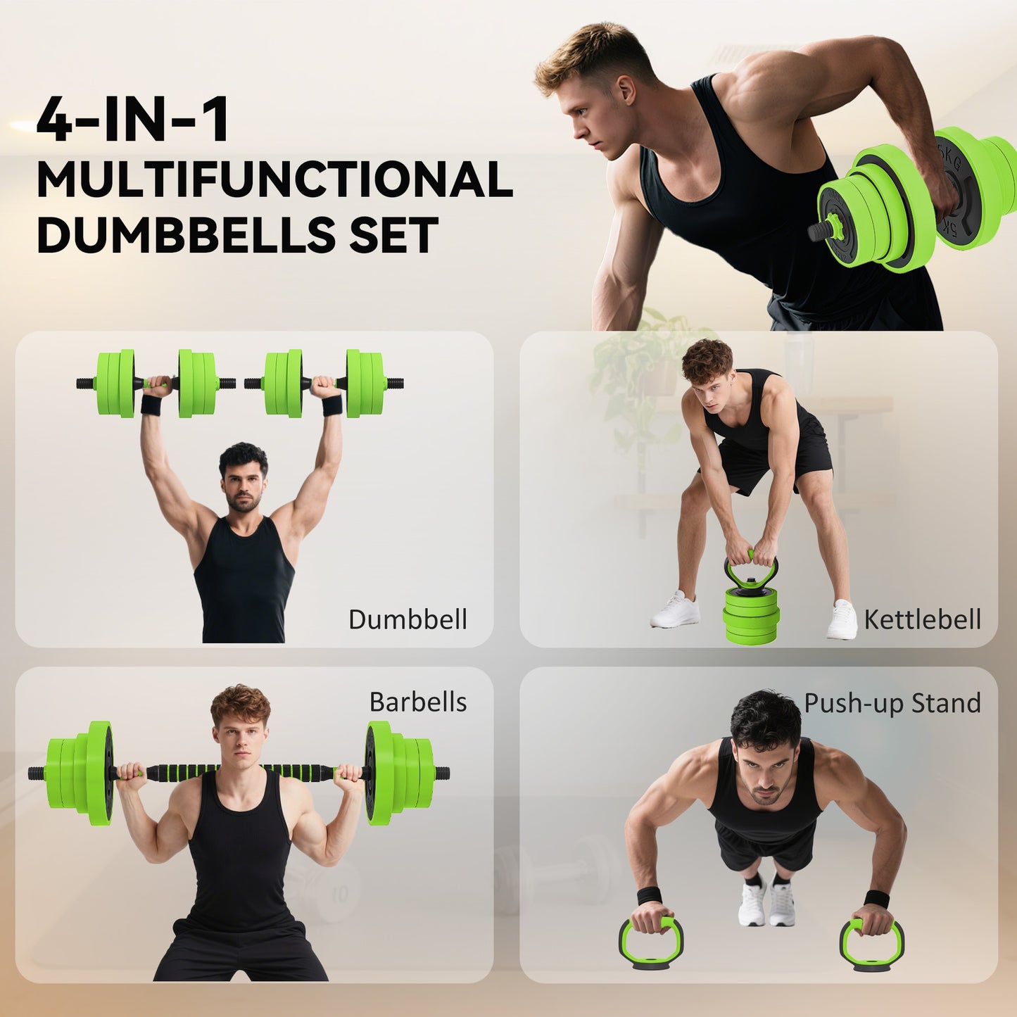 40kg 4-In-One Adjustable Weight Dumbbells Set, Barbell, Kettlebell, Push Up Stand - Green