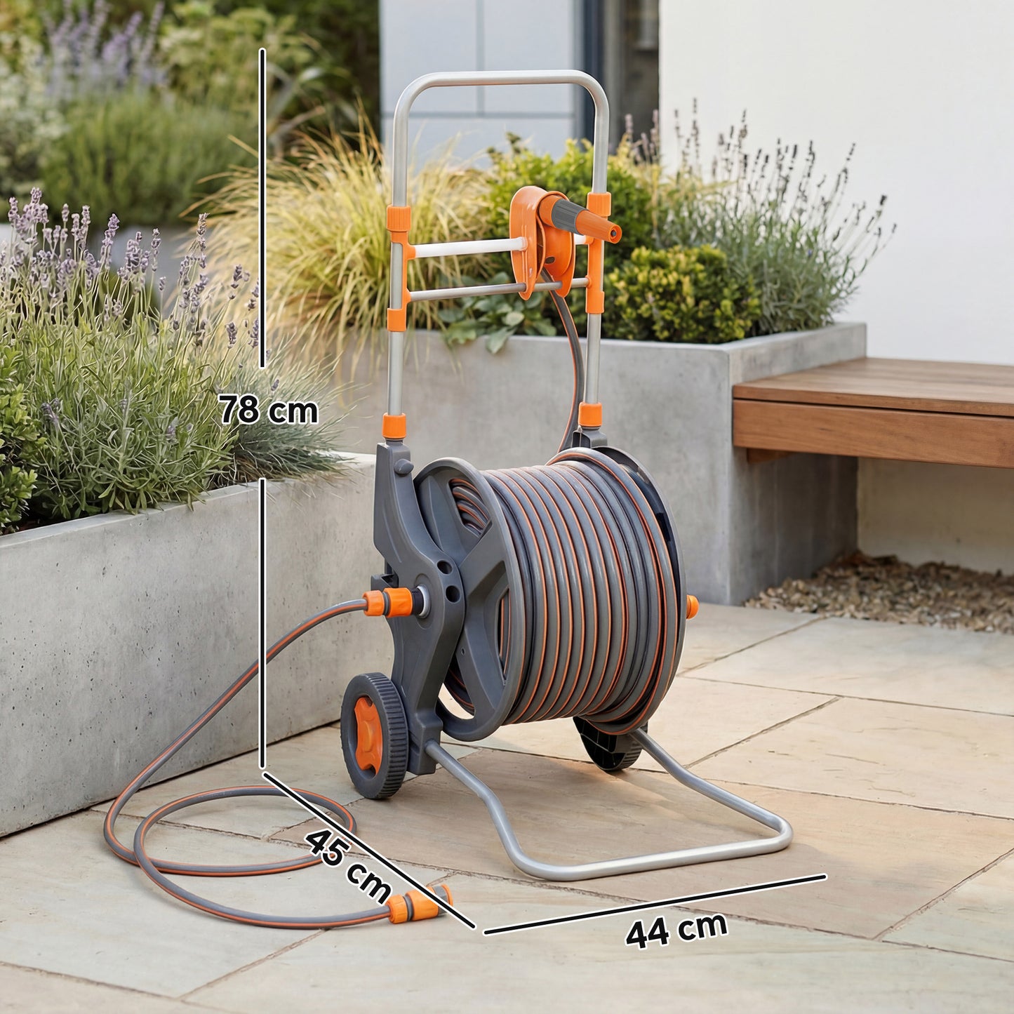Hose Reel Cart with Wheels, 45+2m Garden Hose Reel with 2 Patterns Nozzle, Faucet Adaptors and Rewind Handle, Orange