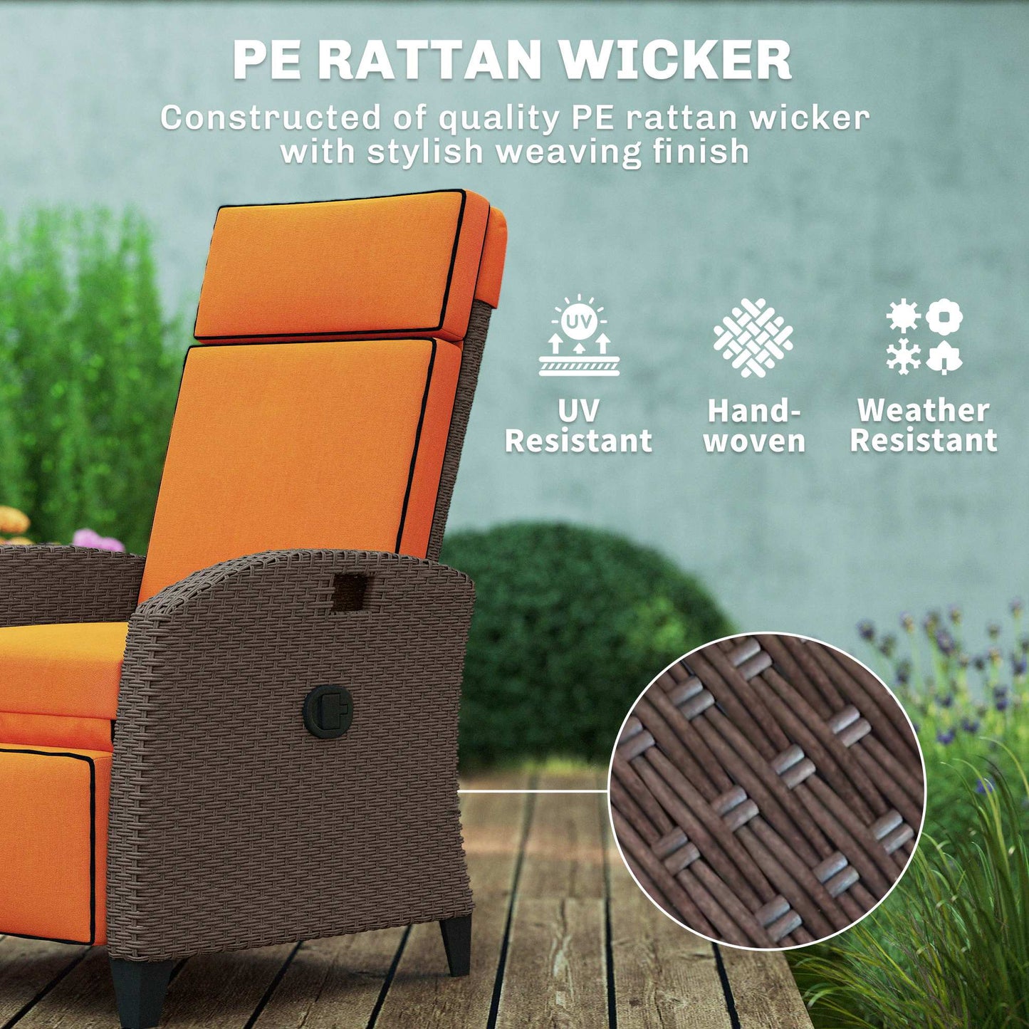Garden Recliner with Cushion, Outdoor Recliner Chair with Adjustable Backrest & Footrest, Side Tray, Orange