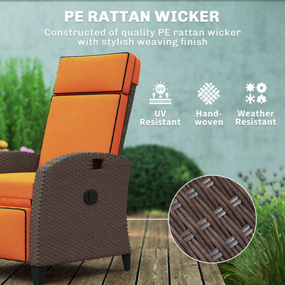 Garden Recliner with Cushion, Outdoor Recliner Chair with Adjustable Backrest & Footrest, Side Tray, Orange