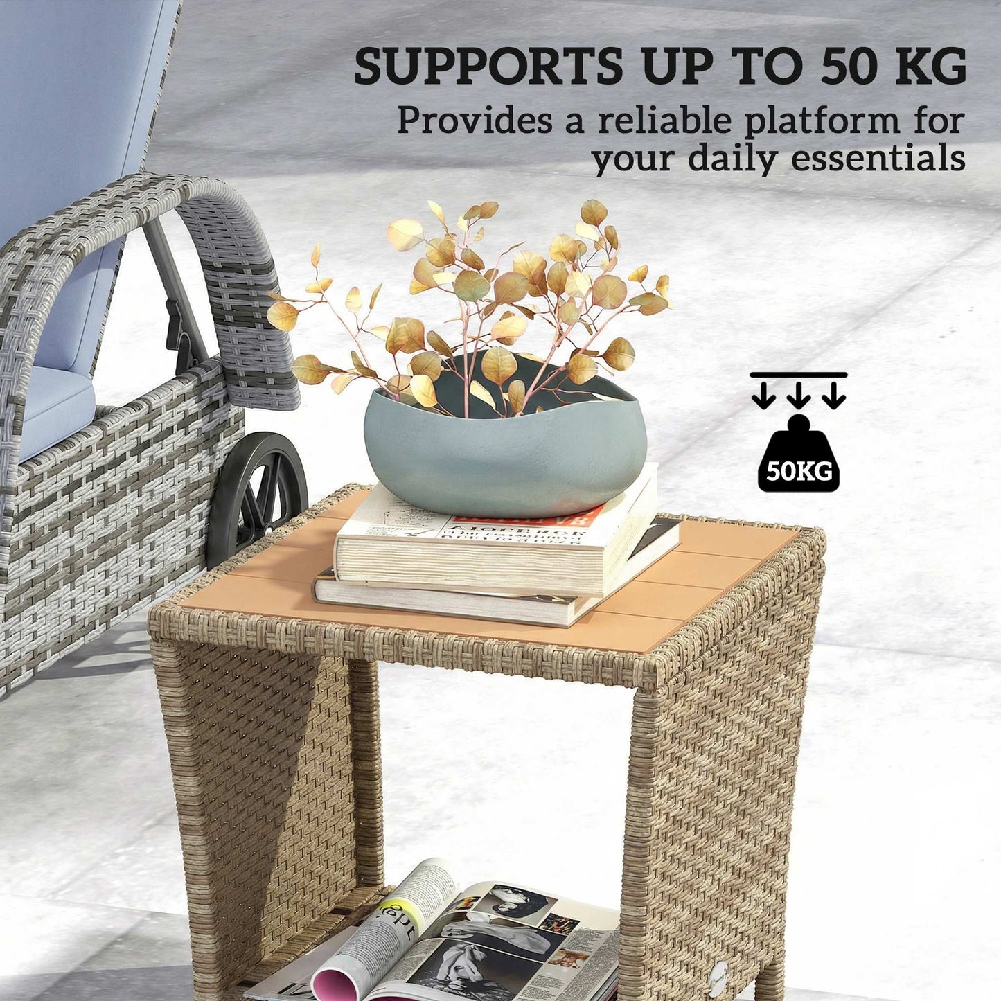 Side Table 2-Tier Outdoor Coffee Table with Storage Shelf PS Wood Slat Top/Khaki