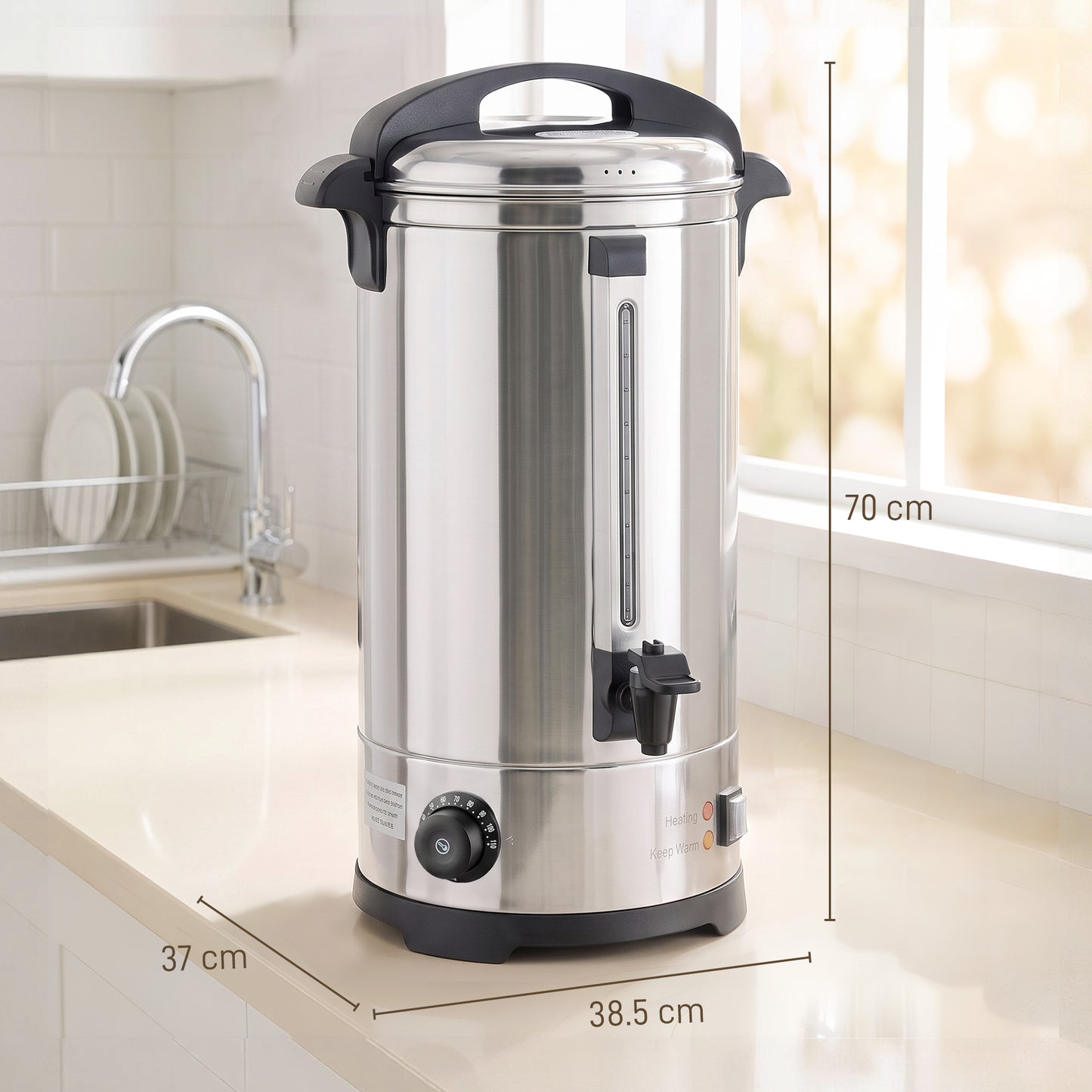 24L Catering Urn, 2500W Stainless Steel Hot Water Boiler Dispenser with Thermostat, Keep Warm Function and Easy Pour Tap