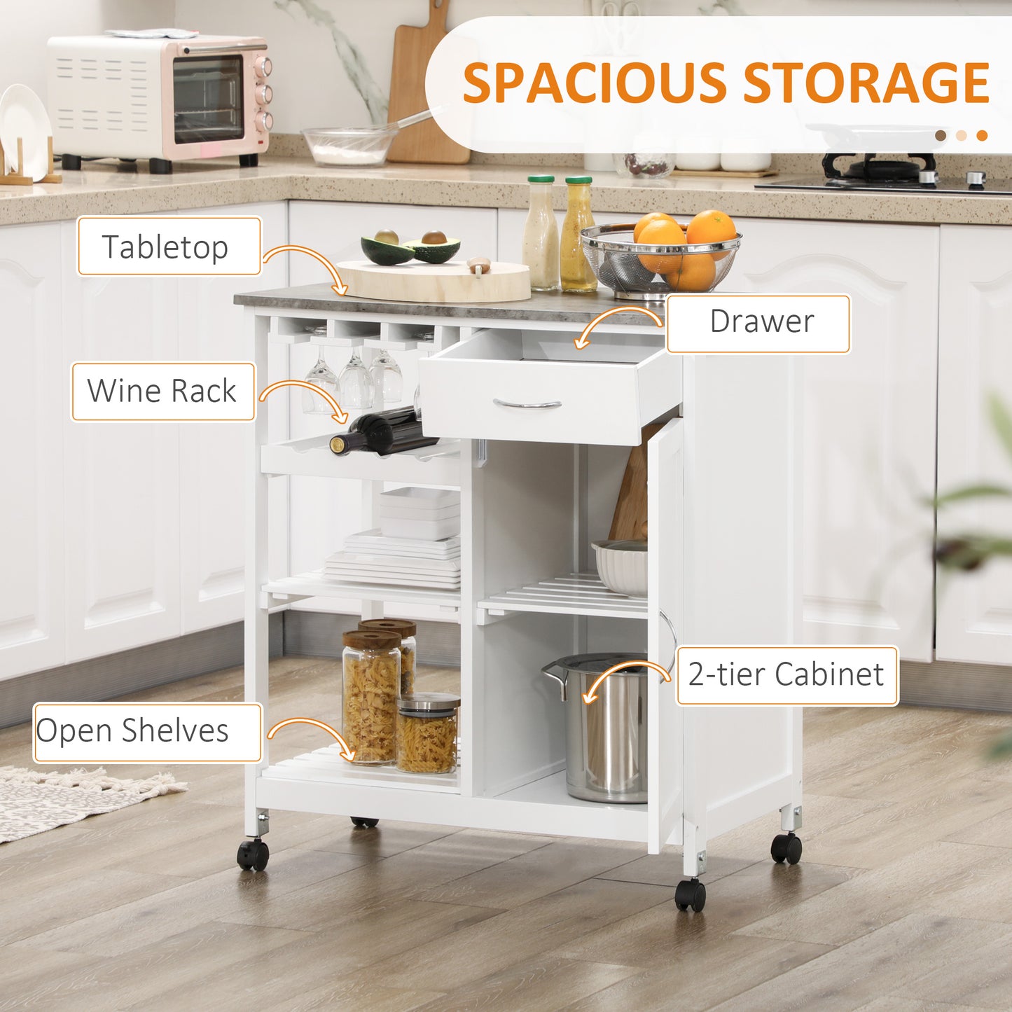 Kitchen Trolley with Wine Rack, Drawer, Open Shelf and Storage Cabinet for Dining Room, White