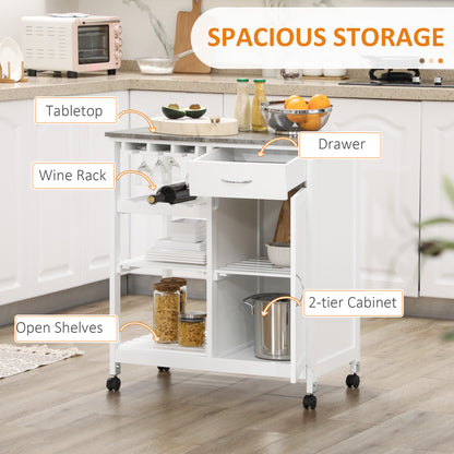 Kitchen Trolley with Wine Rack, Drawer, Open Shelf and Storage Cabinet for Dining Room, White