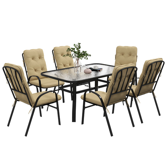 Seven-Piece Garden Dining Set with Ripple Tempered Glass Tabletop and Full-size Cushions - Beige