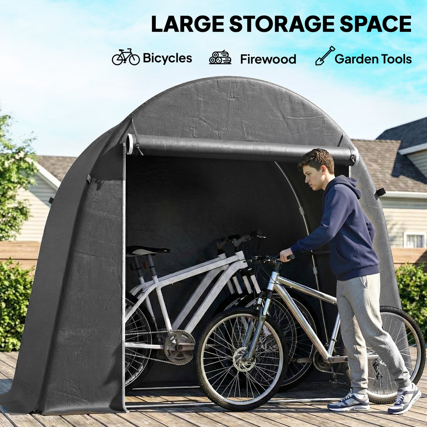 8 x 4 ft Garden Storage Tent, Waterproof Bike Tent with Roll-up Zipper Door and Galvanised Metal Frame, Dark Grey