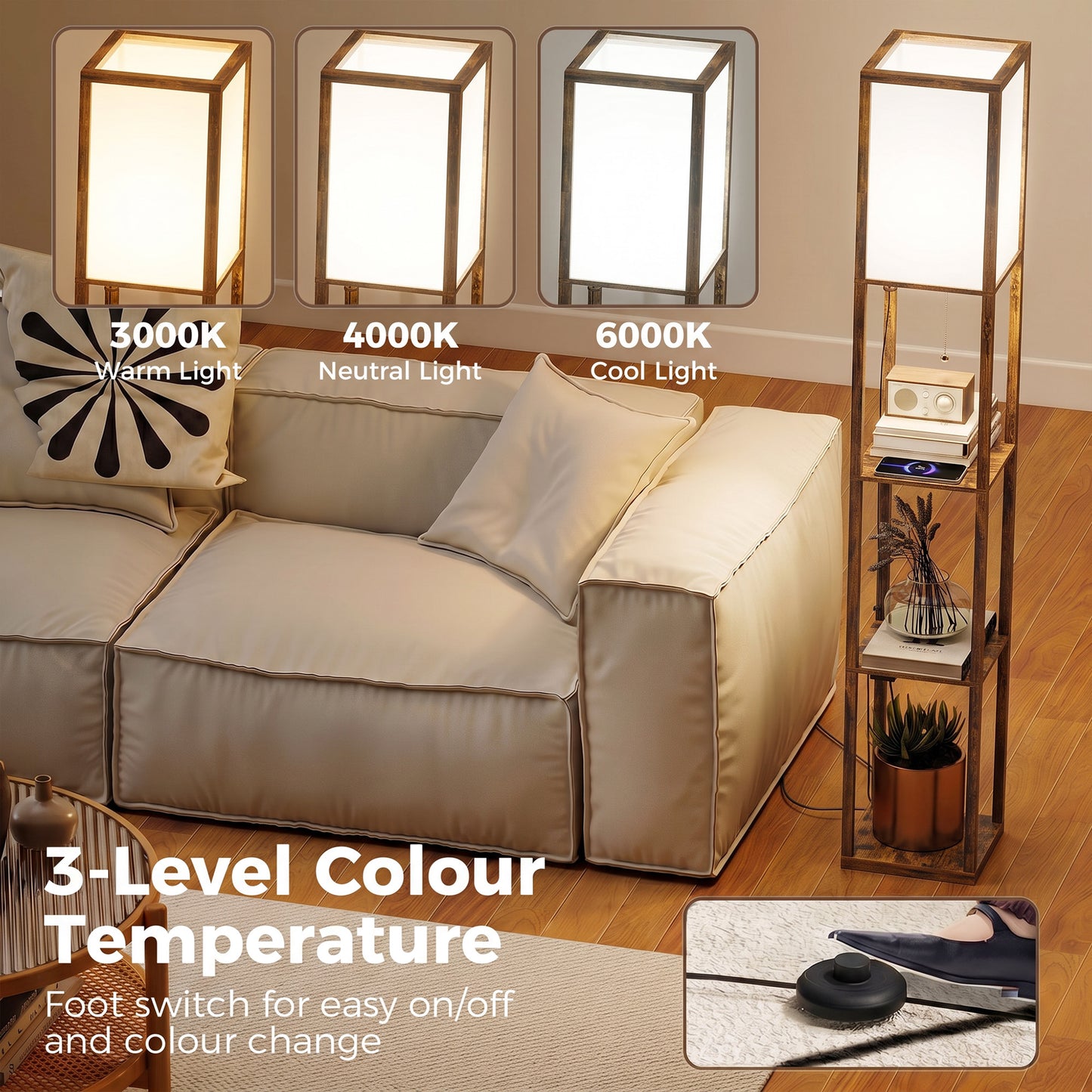 Floor Lamp with Shelves, 4 Layer Standing Lamp with USB Ports, 3 Colour Temperature, Rustic Brown