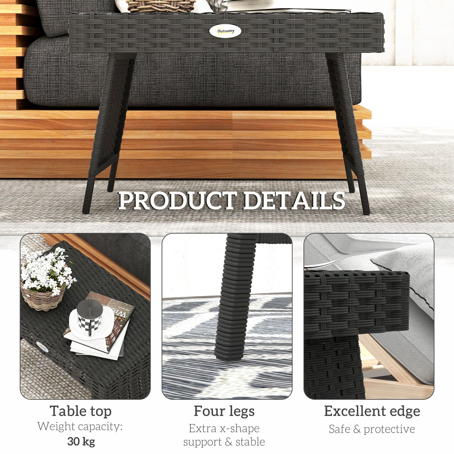 Foldable Outdoor Side Table, Rattan Garden Coffee Table with Steel Frame, Space Saving Bistro Garden Furniture for Patio