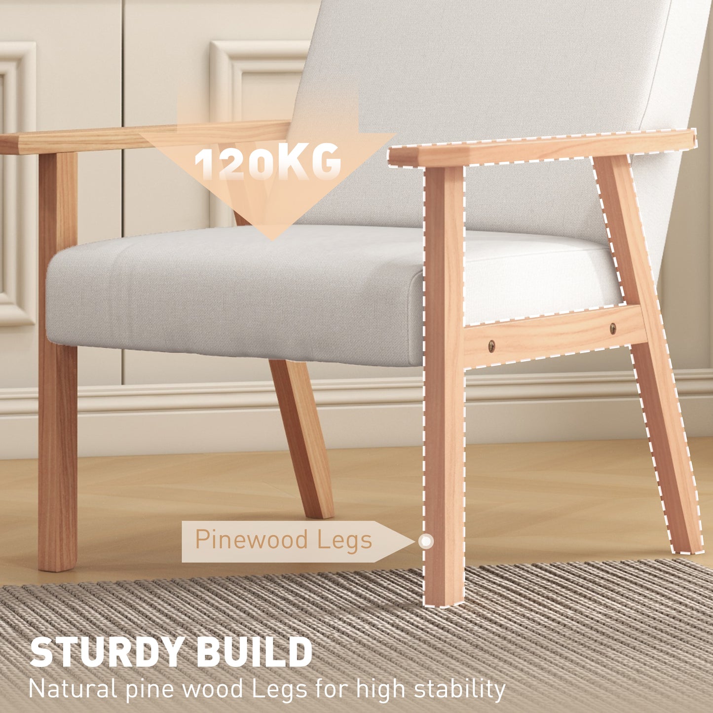 Modern Armchair, Linen Upholstered Accent Chair with Solid Wood Legs and Wide Seat
