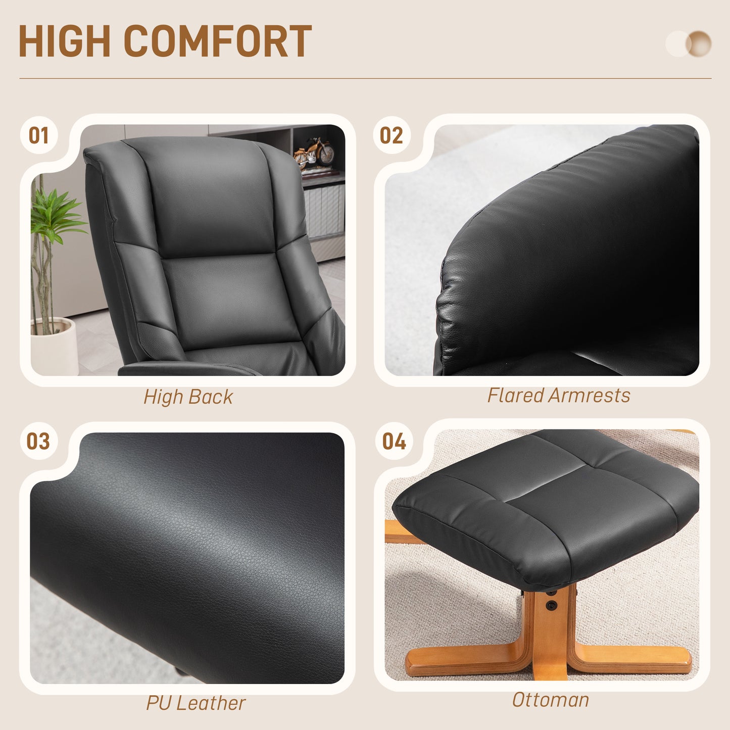 Rocking Recliner Chair with Footstool, PU Leather Recliner Armchair with Wood Base