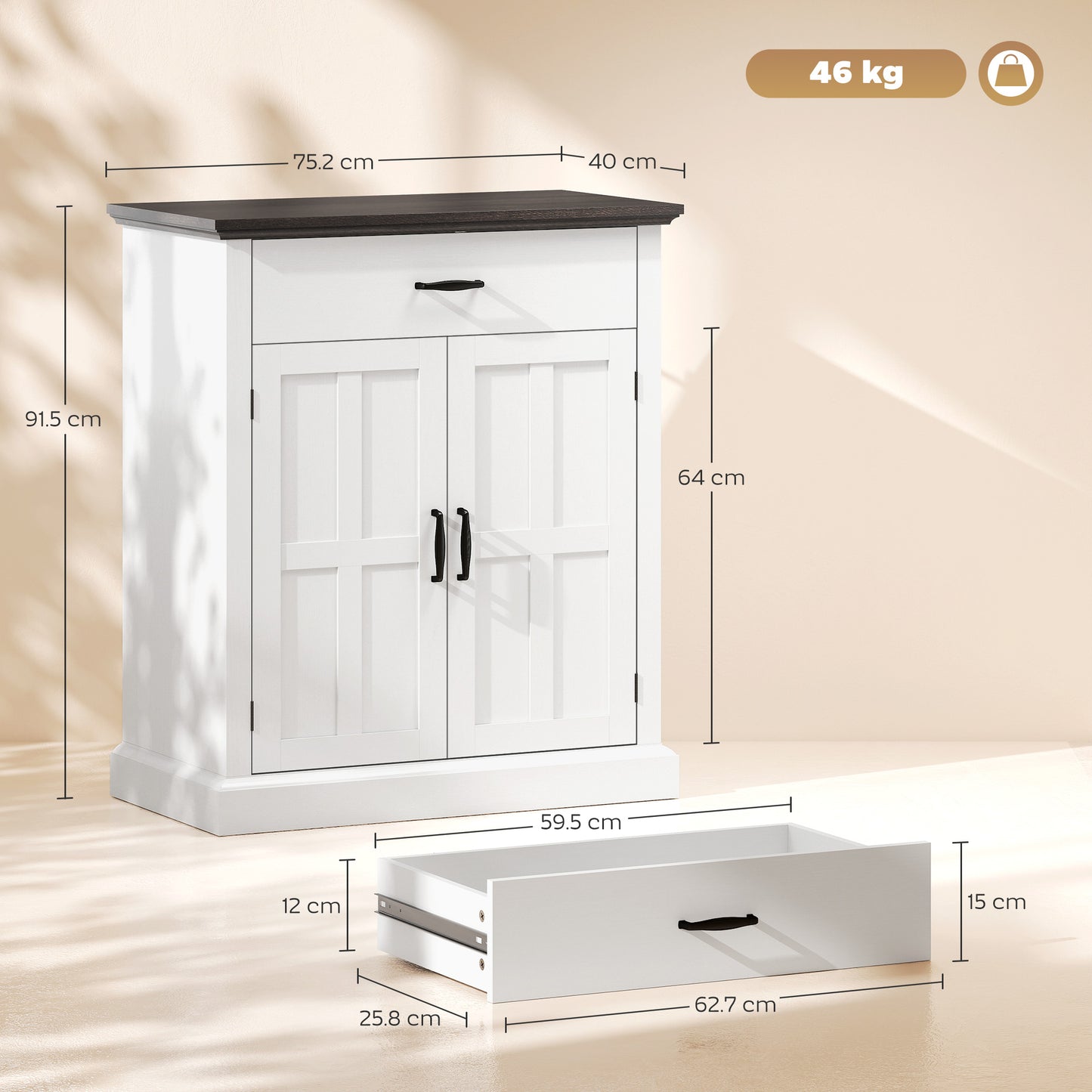 Farmhouse Sideboard with 3 cm Thick Top 2 Barn Doors - White