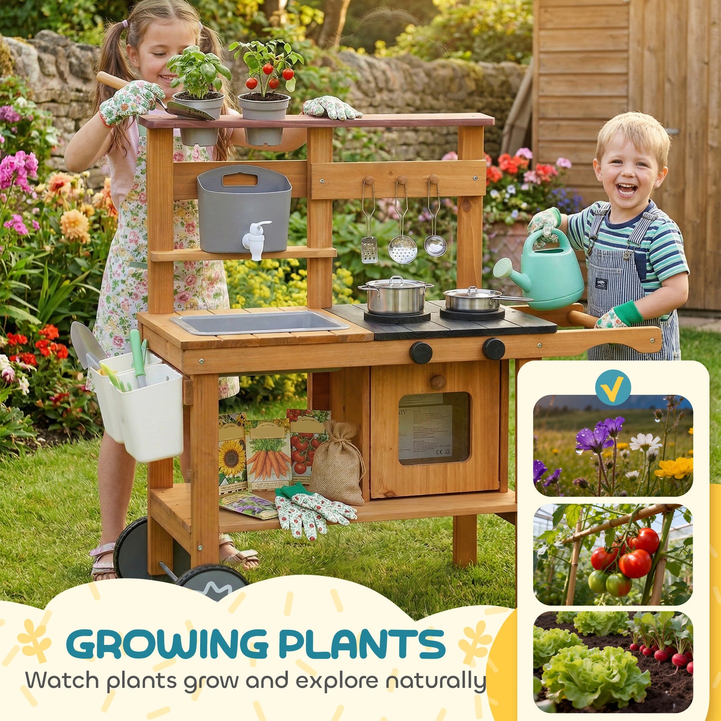 Wooden Mud Kitchen with Wheels, Stove, Faucet, Flower Pots, Stainless Steel Accessories for Toddlers 3-6, Brown