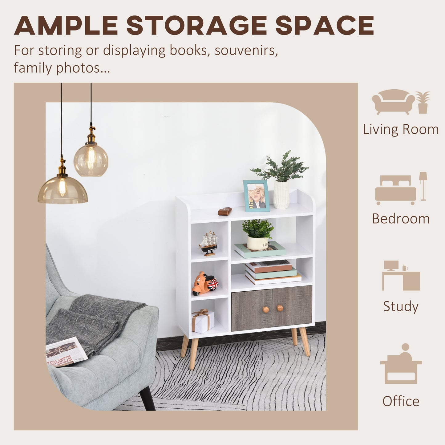 Bookcase, Freestanding Book Shelf with Storage Cabinet, 6 Shelves and Wood Legs for Home Office Display, White and Grey