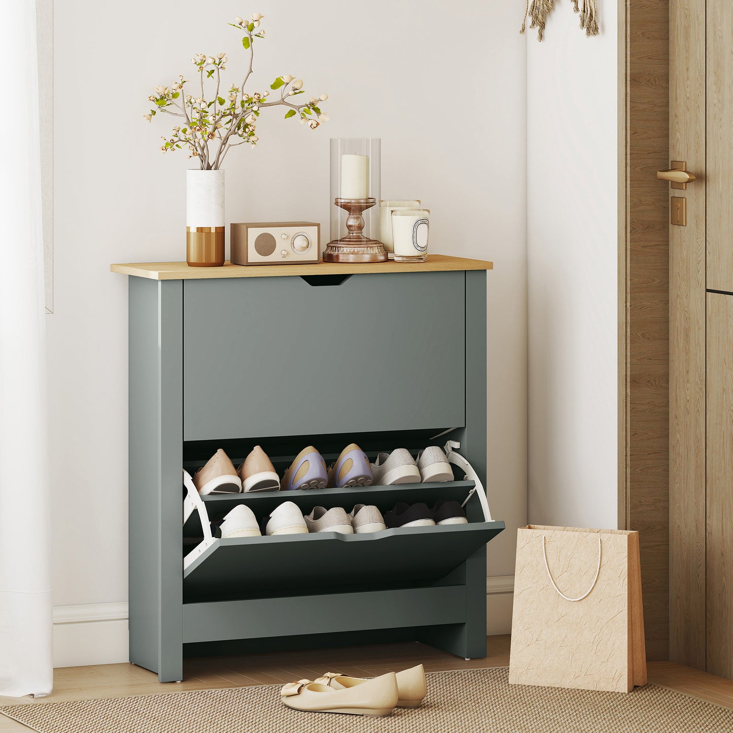 Slim Shoe Cabinet, Narrow Shoe Cupboard with 2 Flip Drawers, Adjustable Shelves for 12 Pairs of Shoes, Light Grey