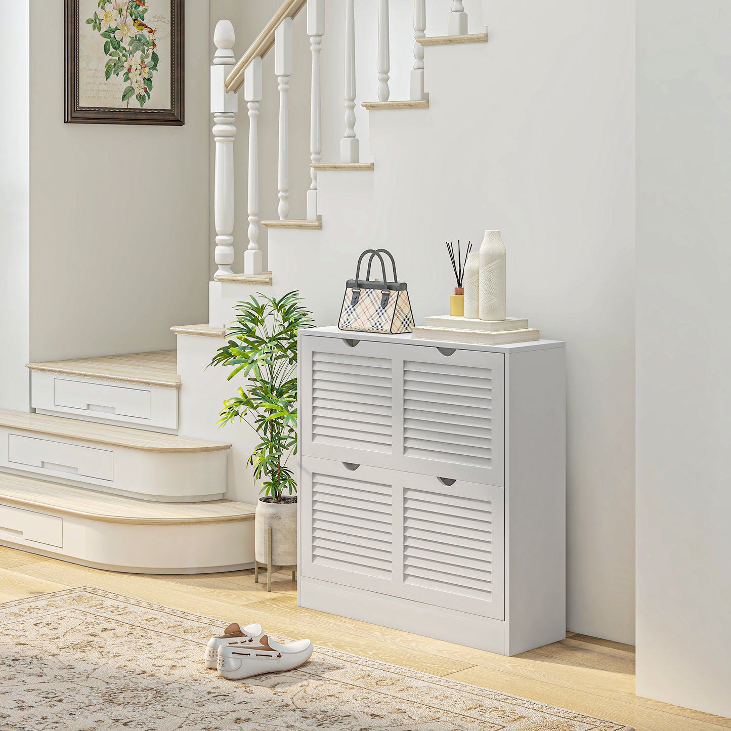 2 Drawers Entryway Shoe Cabinet, Narrow Shoe Storage Cabinet with 2 Flip Drawers