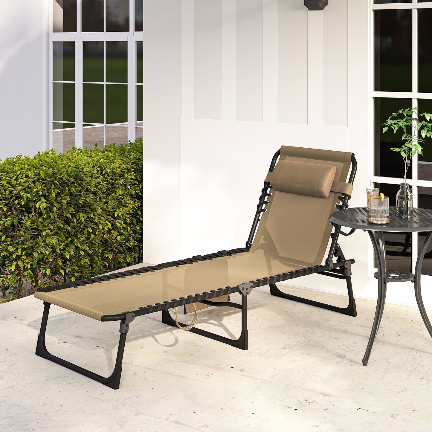 Portable Sun Lounger, Folding Camping Bed Cot, Reclining Lounge Chair 5-position Adjustable Backrest with Side Pocket