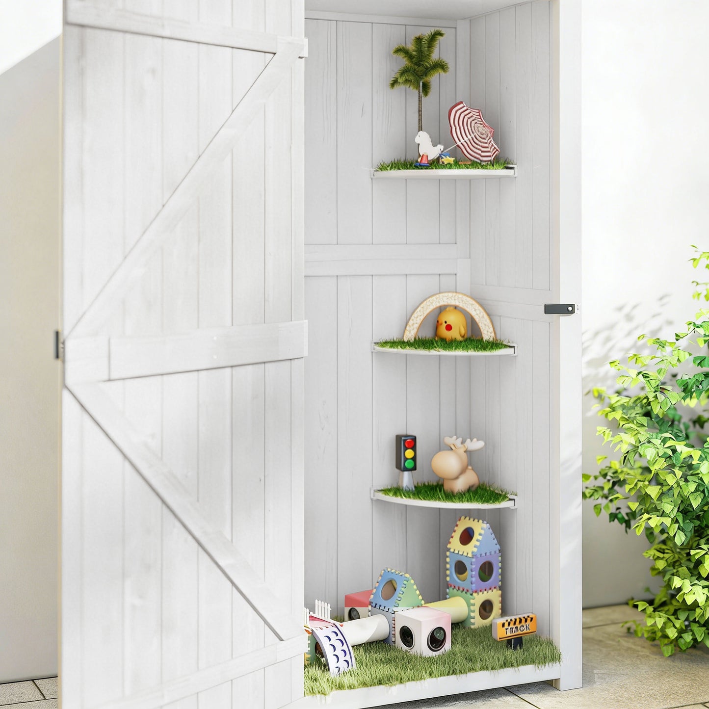 Small Shed, Tall Slim Wooden Garden Shed with 3 Removable Shelves and Roof Hatch, Compact Outdoor Tool Storage Cabinet